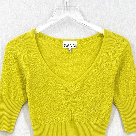 GANNI Tender Shoots Merino Lace Top Women XS Scoop Yellow Green Knit Sweater Top - Picture 9 of 16